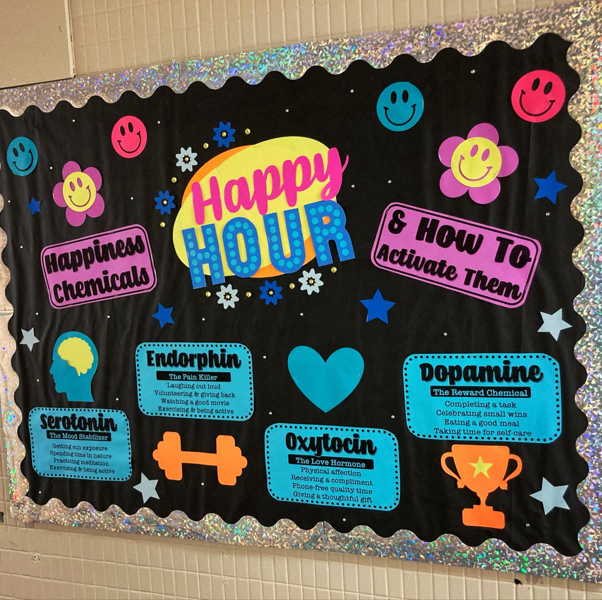 Happy Hour Bulletin Board covering the four happiness brain chemicals and how to activate them! #bulletinboardideas #residentassistant #RAResLife #highered #residentadvisor #hiphipra Alcohol Bulletin Board, Nurse Bulletin Board, Health Bulletin Boards, Welcome Bulletin Boards, College Bulletin Boards, Happy Hour, Ra Themes, Ra Door Decs, Mind Map Design