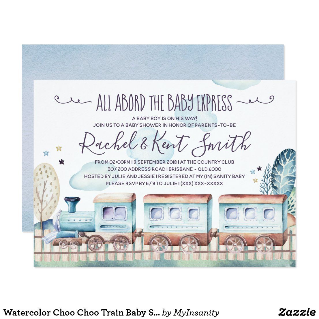 Watercolor Choo Choo Train Baby Shower Invitation | Train baby shower
