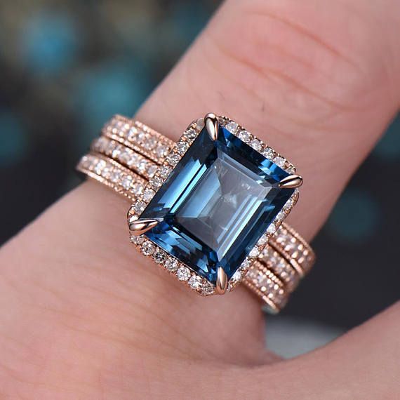 London Blue topaz engagement ring-Solid 14k rose gold 3pcs bridal set-diamond matching band-Emerald Engagement Ring White Gold, Diamond Engagement Ring Set, Beautiful Engagement Rings, White Ring, Vintage Engagement Rings, Custom Engagement, Gold Topaz, Blue Topaz Ring, Gold Diamond