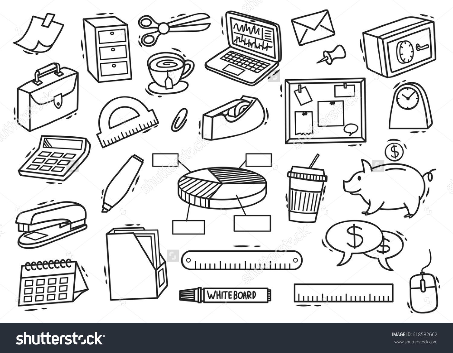 Set Of Office Supplies Doodle In White Background Templates Set Of Office Supplies Doodle In White