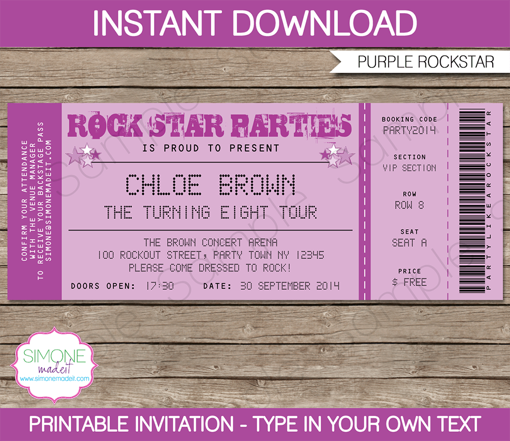 rock star party ticket invitations template purple concert invitation template