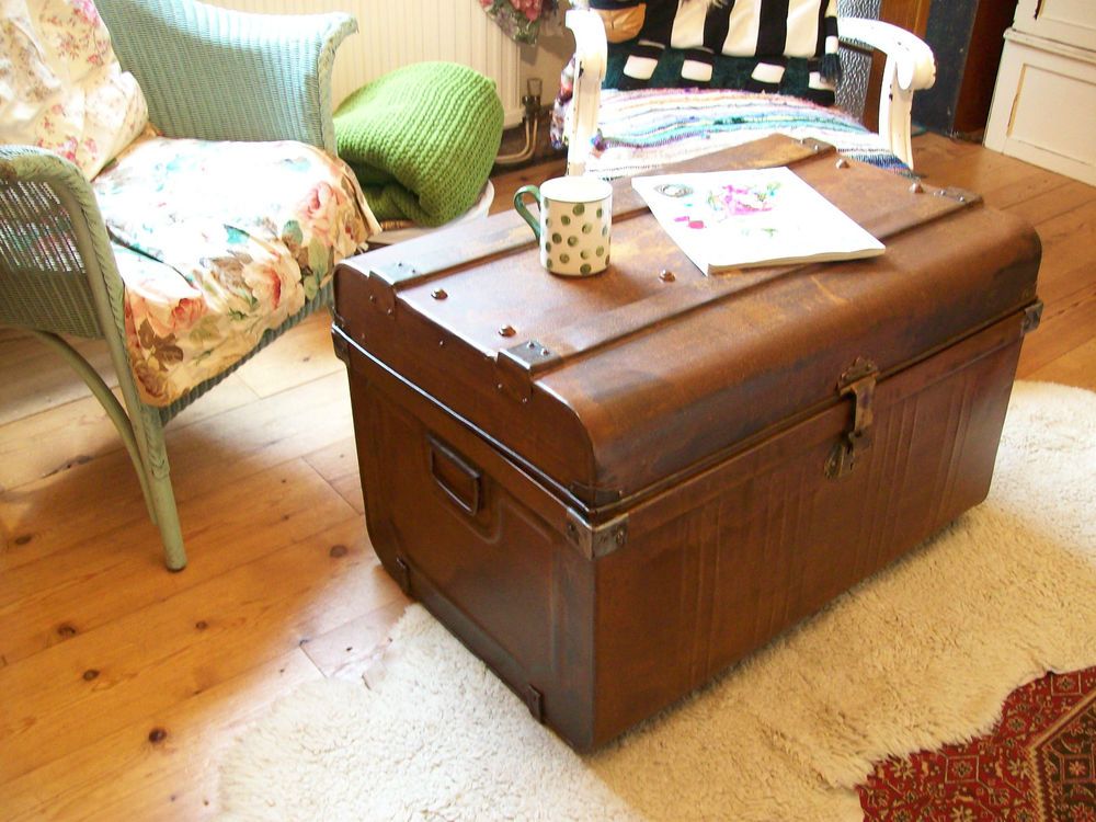 Large Vintage Metal Tin Steamer Trunk Storage Box Treasure