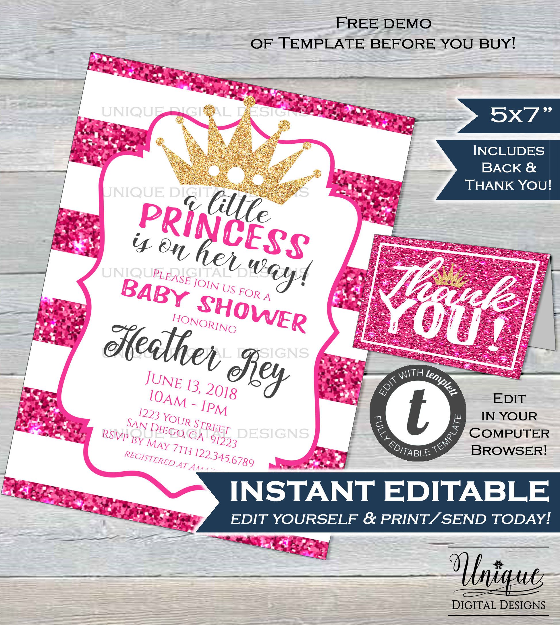 Little Princess Baby Shower Invitation Baby Girl Invite Pretty Pink Little Princess Baby Shower Invitation Baby Girl Invite Pretty Pink
