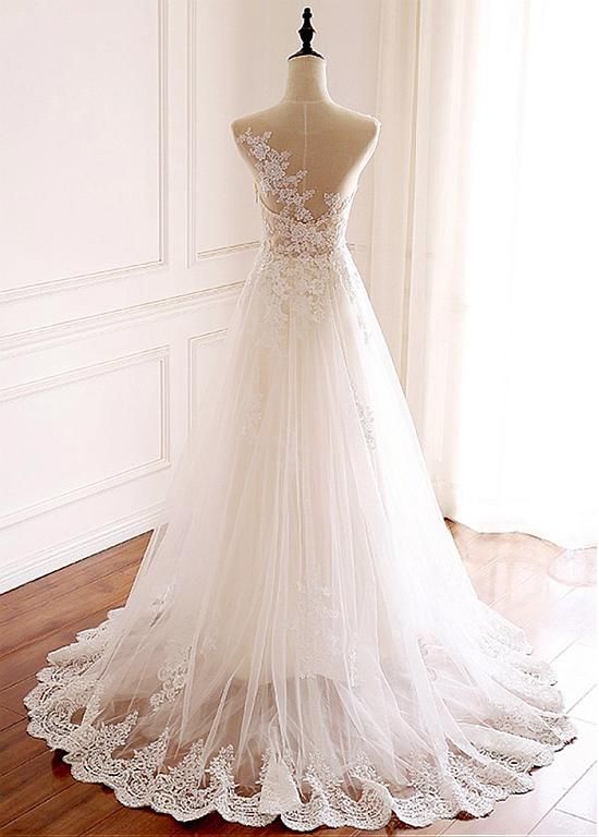 DressilyMe Bridal Dresses Online,Wedding Dresses Ball Gown, elegante tul joya escote de longitud completa una linea de boda con apliques de encaje