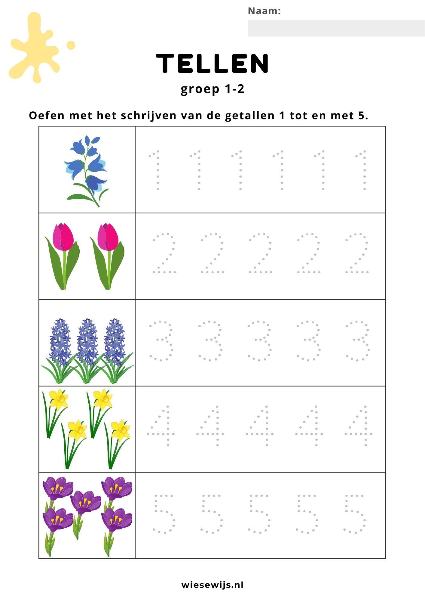 werkblad tellen groep 1-2 cijfers schrijven thema de tuin