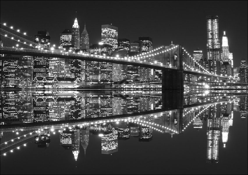 New York Brooklyn Bridge night BW - plakat Bedroom Wallpaper Murals, Mural Wallpaper, Wall Murals, Wall Hangings, Canvas Frame, Canvas Wall Art, New York Cityscape, New York City Photos, Modern Packaging