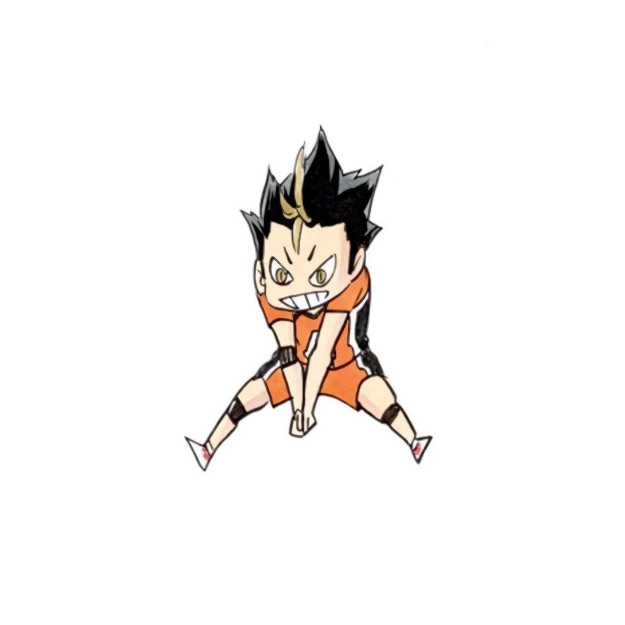 an anime character with black hair and orange shorts, sitting on one