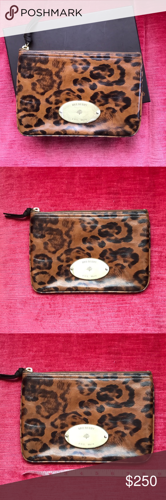 NIB Mulberry large leather leopard pouch NIB (no tags but still has plastic over logo) Mulberry leather leopard pouch with zip closure. 8” x 6” Logo embossed on back. Authentic. Comes with box. Gorgeous! Mulberry Bags Clutches & Wristlets #mulberrybag