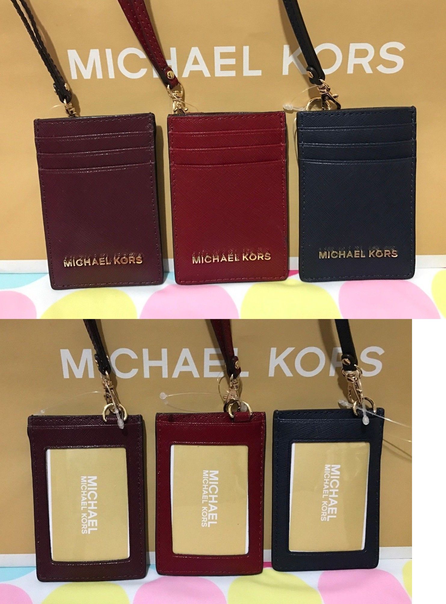 ID and Badge Holders 169287 New Michael Kors Jet Set Travel Saffiano Leather Lanyard Id Card