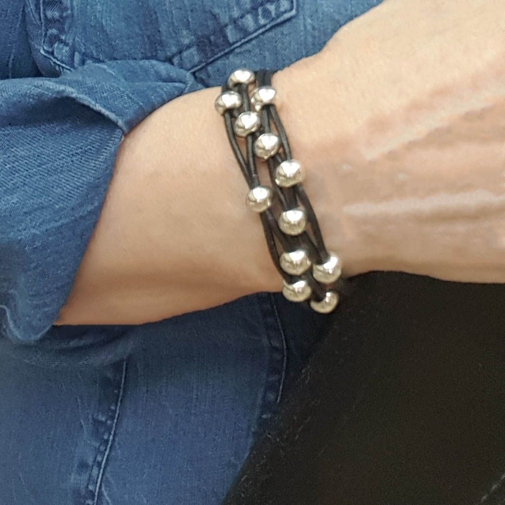Black Leather and Silver Bead Bracelet for Women is Classic and Elegant. Black Leather Bracelet, Silver Bead Bracelet, Leather Jewelry, Silver Bracelets, Bracelets For Men, Fashion Bracelets, Beaded Bracelets, Silver Beads, Leather Bracelets