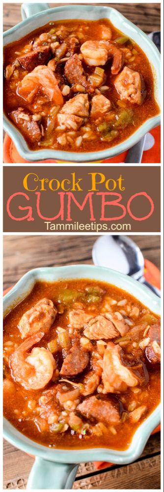 Crock Pot Gumbo Recipe with Sausage, Chicken, and Shrimp #crockpotgumbo