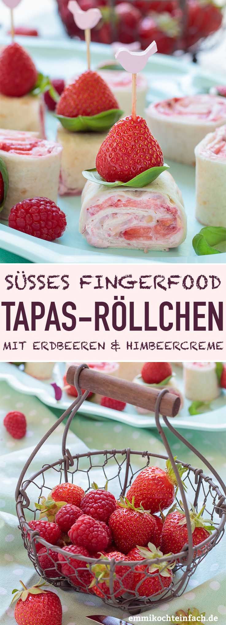 Süße Tapas Röllchen mit Erdbeeren und Himbeer-Creme #buffet