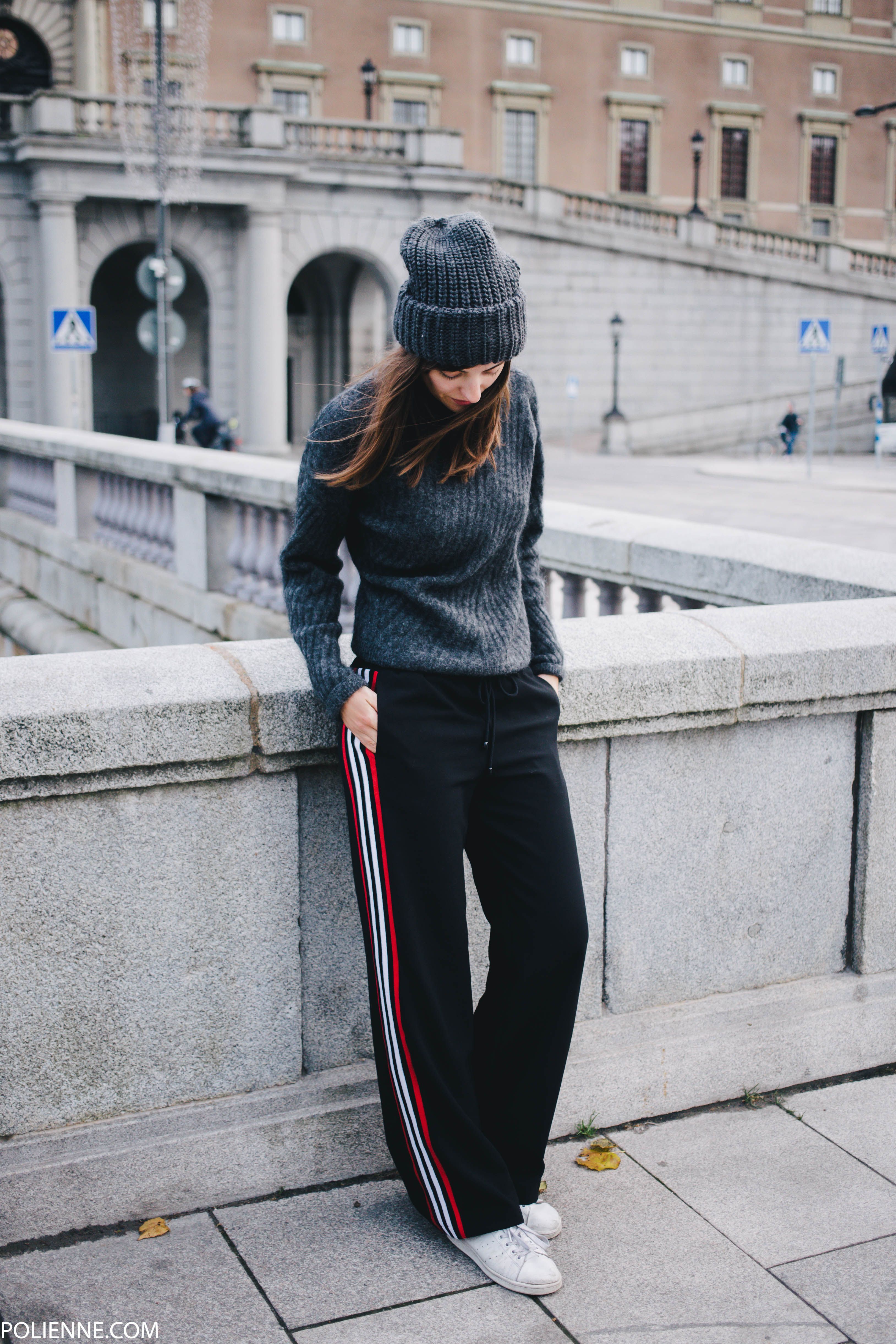 POLIENNE | wearing SAMSOE & SAMSOE coat, MANGO trackpants, ACNE STUDIOS knit, MONKI beanie, in Stockholm Cute Fall Outfits, Sporty Outfits, Fall Fashion Outfits, Fall Winter Outfits, Winter Fashion, Fashion Trends, Women's Fashion, Striped Trousers Outfit, Striped Wide Leg Trousers