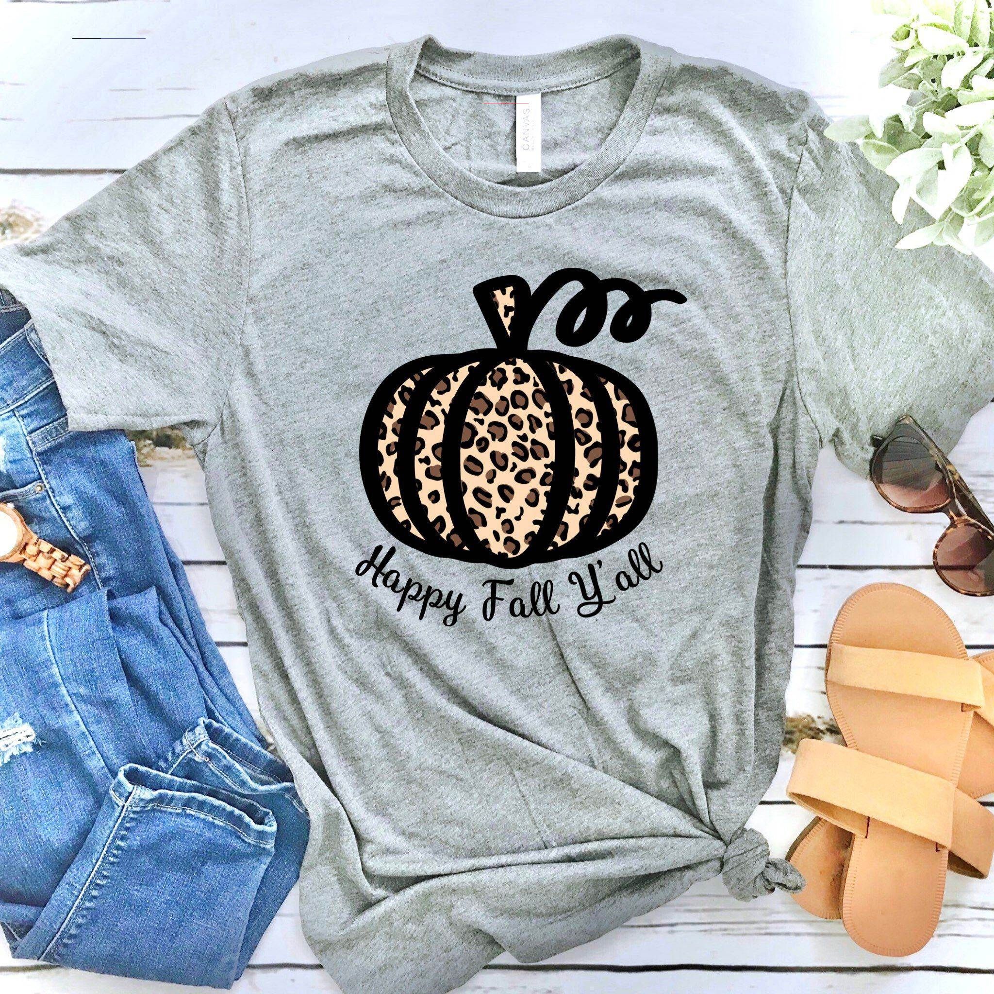Download Happy Fall Y'all Leopard Print Pumpkin Short-Sleeve Unisex ...