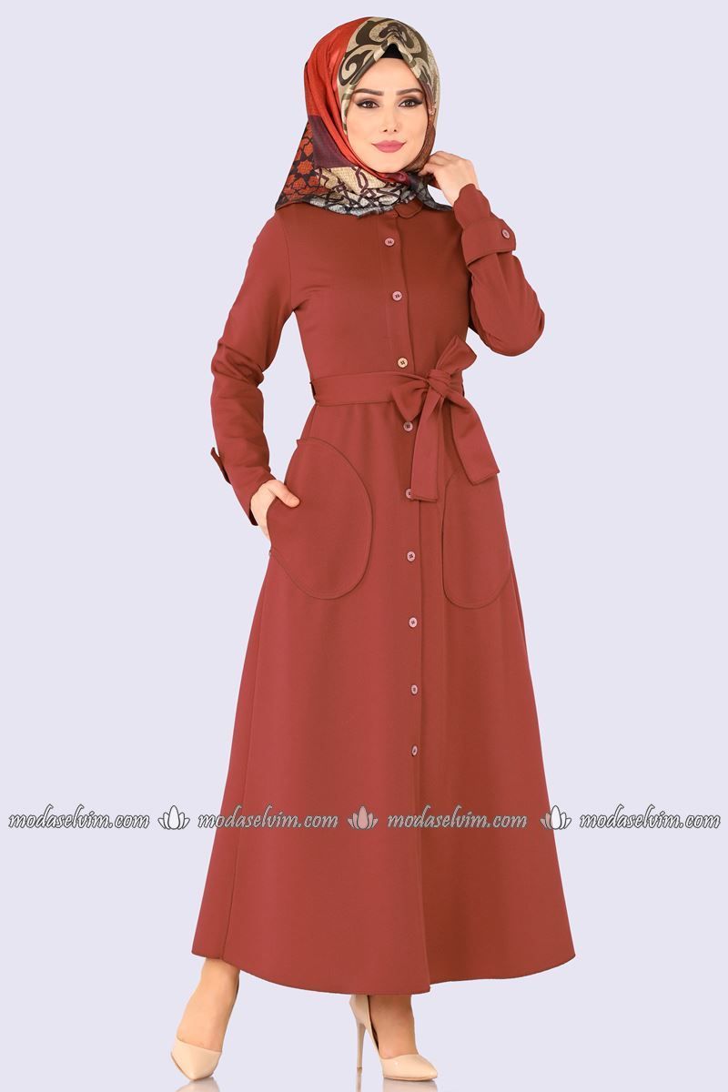 Moda Selvim Dugmeli Elbise Ferace 113 5mc359 Kiremit