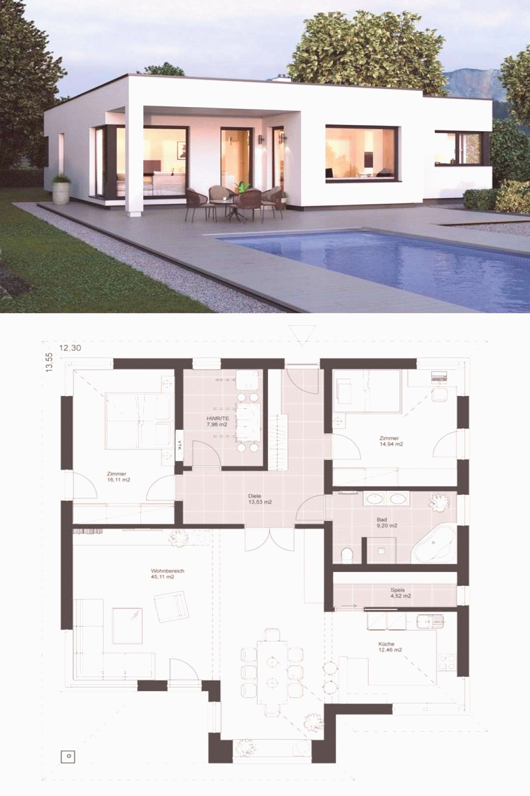 Moderner bungalow im bauhaus-design mit flachdach architektur grundriss modernbrp classfirstletterth
