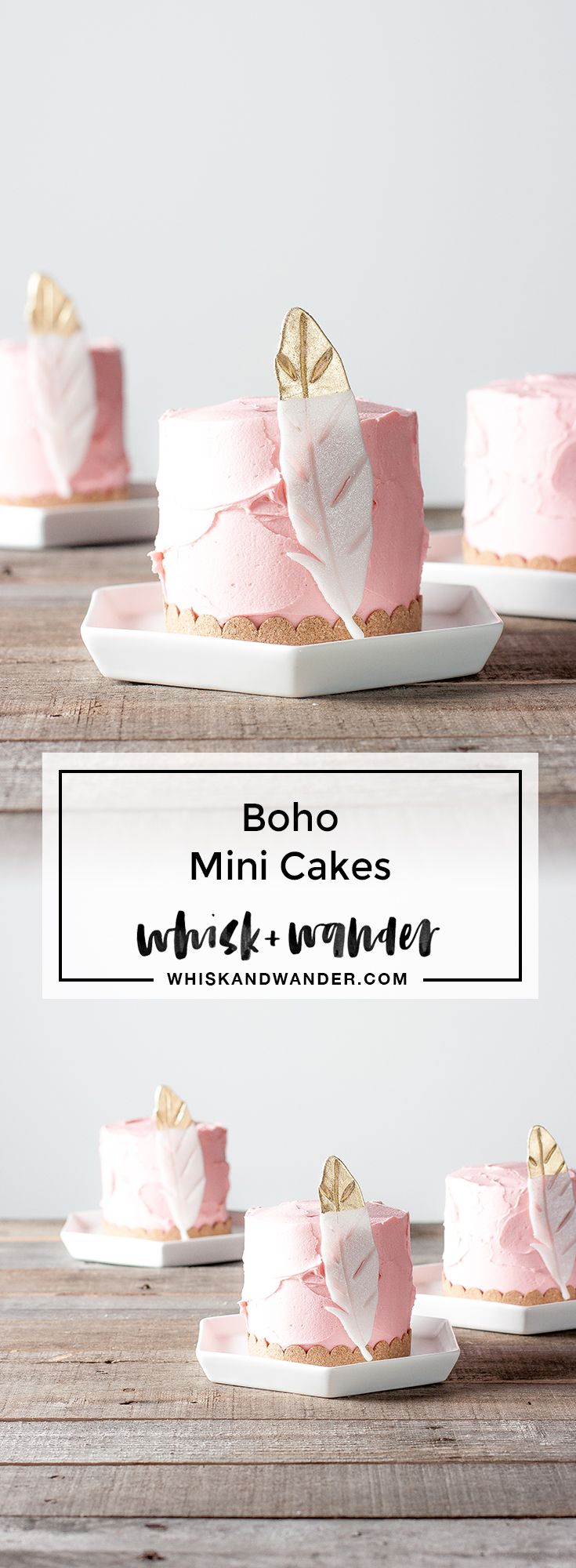 Free spirited boho mini Madeira layer cakes covered with pink vanilla bean buttercream and finished with gold "dipped" fondant feathers. via @whiskwander Boho Cake, Boho Wedding Cake, Mini Cakes, Cupcake Cakes, 3d Cakes, Mini Tortillas, Beautiful Cakes, Amazing Cakes, Feather Cake