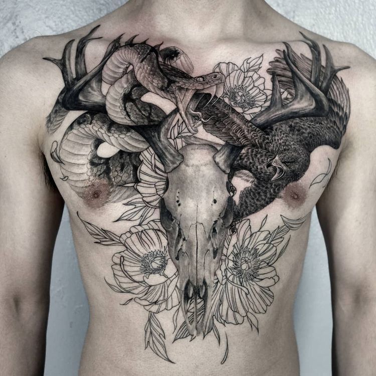Tattoos By Dodie Tattoos Deer Skull Tattoos Chest Tattoo