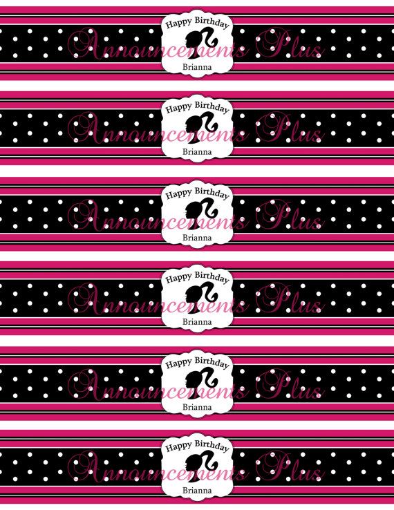 Vintage Barbie Print your own Water Bottle Labels (polk a dots and zebra print) | Festa, Eventos