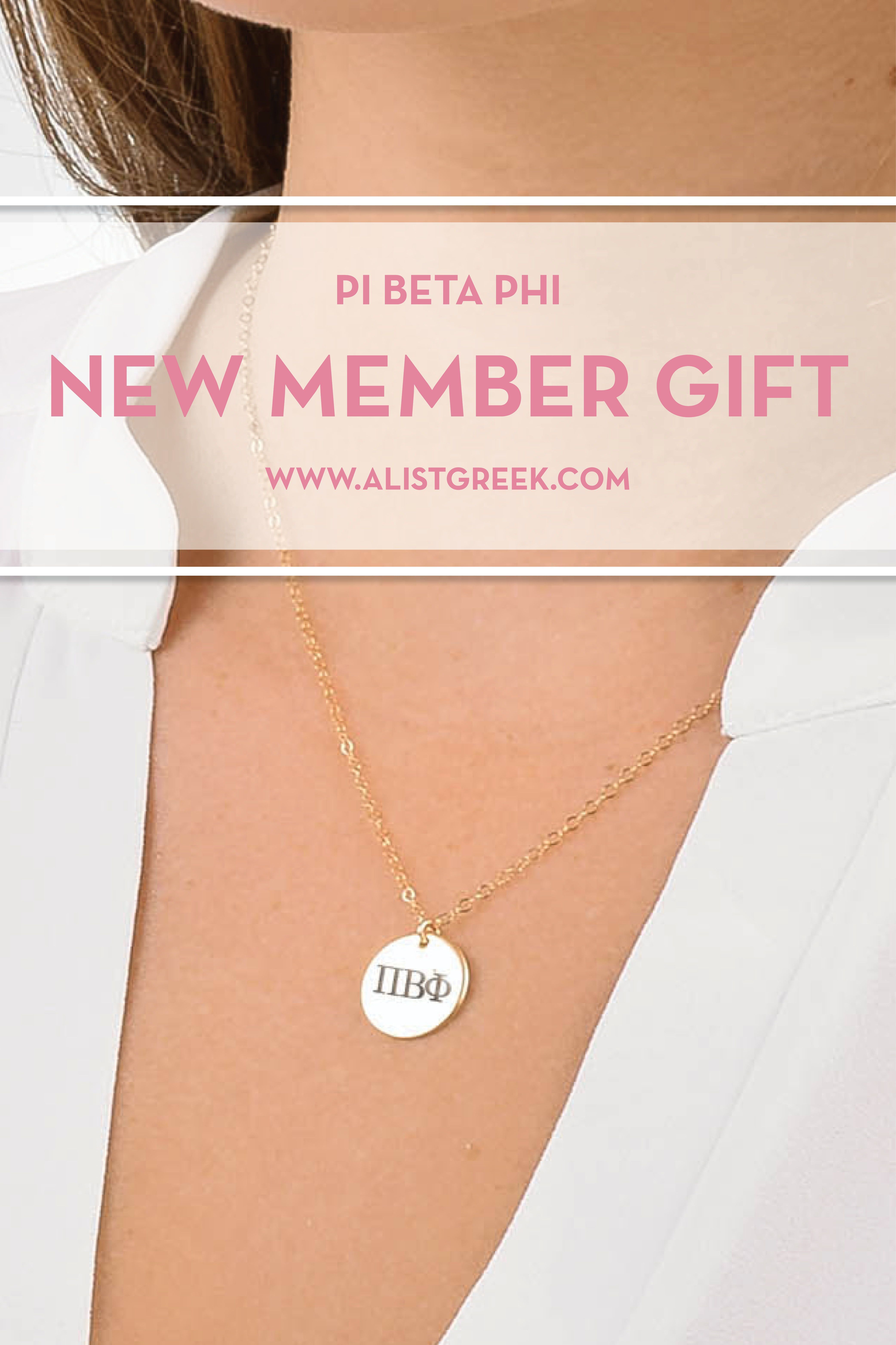 Sorority disc charm necklaces are the perfect dainty gift for every sorority girl. Perfect for layering in a necklace stack or on its own. Pi Beta Phi Gifts | Pi Beta Phi New Member Necklace | Pi Beta Phi Jewelry | Sorority Bid Day Gifts | Sorority Jewelry Gifts | Sorority College Gift | Sorority Recruitment Gift Ideas | Dainty Jewelry | Simple Gold Necklace | Sorority Charm Necklace | #SororityGifts #SororityJewelry Delta Phi Epsilon, Alpha Gamma Delta, Kappa Alpha Theta, Alpha Chi Omega, Phi Mu, Dainty Jewelry, Jewelry Gifts, Pi Jewelry, Recruitment Gifts