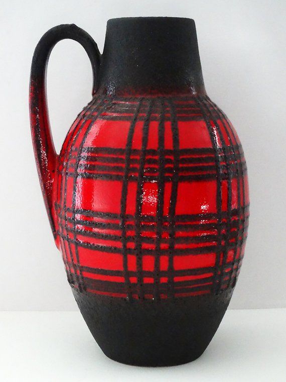 Scheurich Mid Century Red & Black Fat Lava Tartan West German Vase Tartan Plaid Decor, Reflection Photography, Glitter Decor, Farber, Dragonfly Art, Mid Century Pottery, Ceramic Tableware, Vintage Vases, Bud Vases