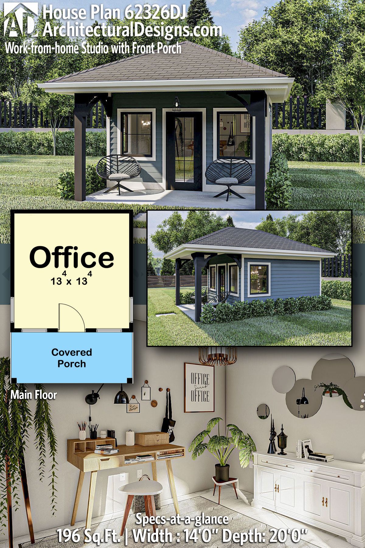 Work-from-home Studio with Front Porch - 62326DJ | Architectural Designs - House Plans Tiny Home Office, Shed Office, Backyard Office, Backyard Studio, Backyard Sheds, Shed Home Office Ideas, Tiny House Office Space, Office Plan, Work Office