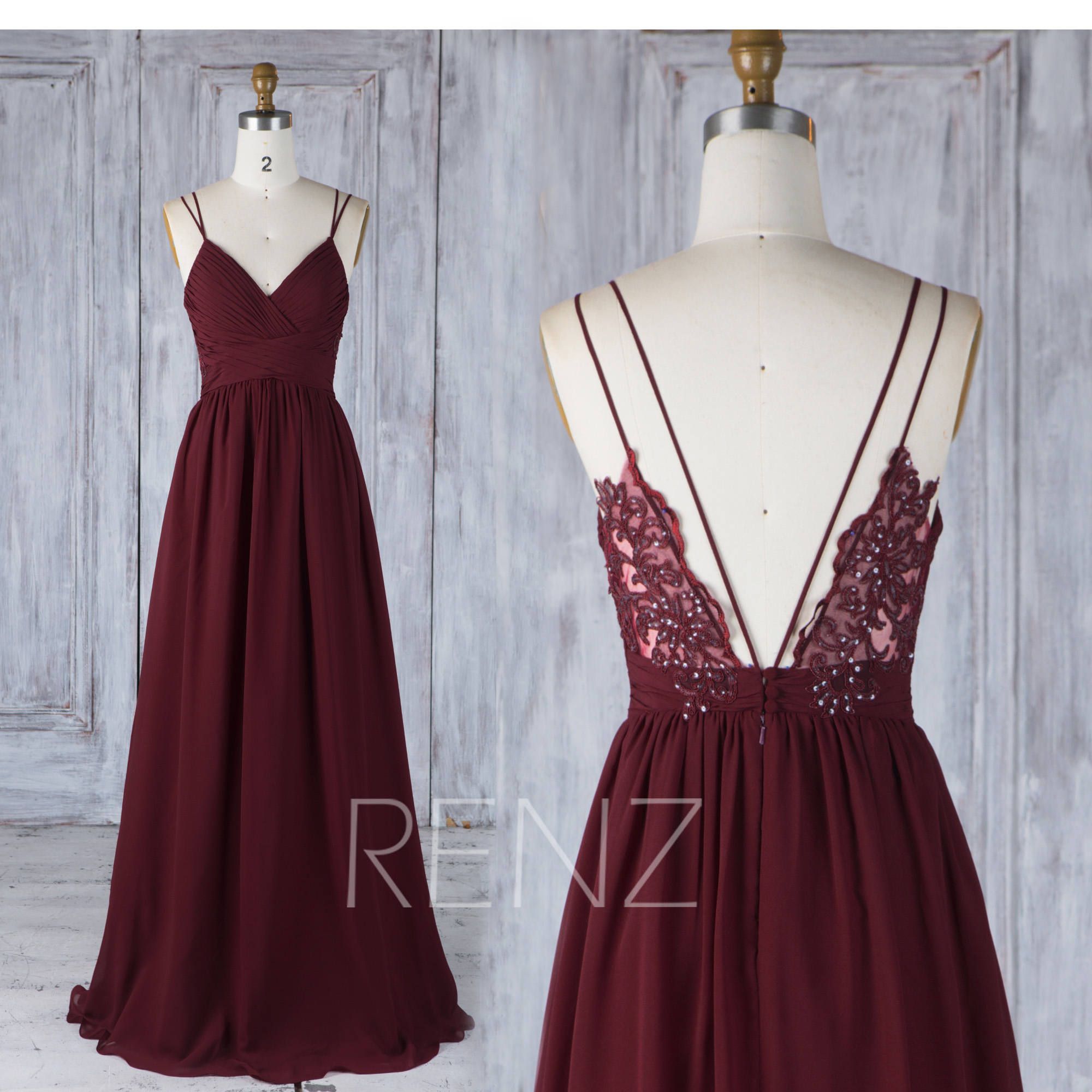 Bridesmaid Dress Burgundy Boho Wedding Dress Backless V Neck Spaghetti Strap Prom Dress Long (H549A)