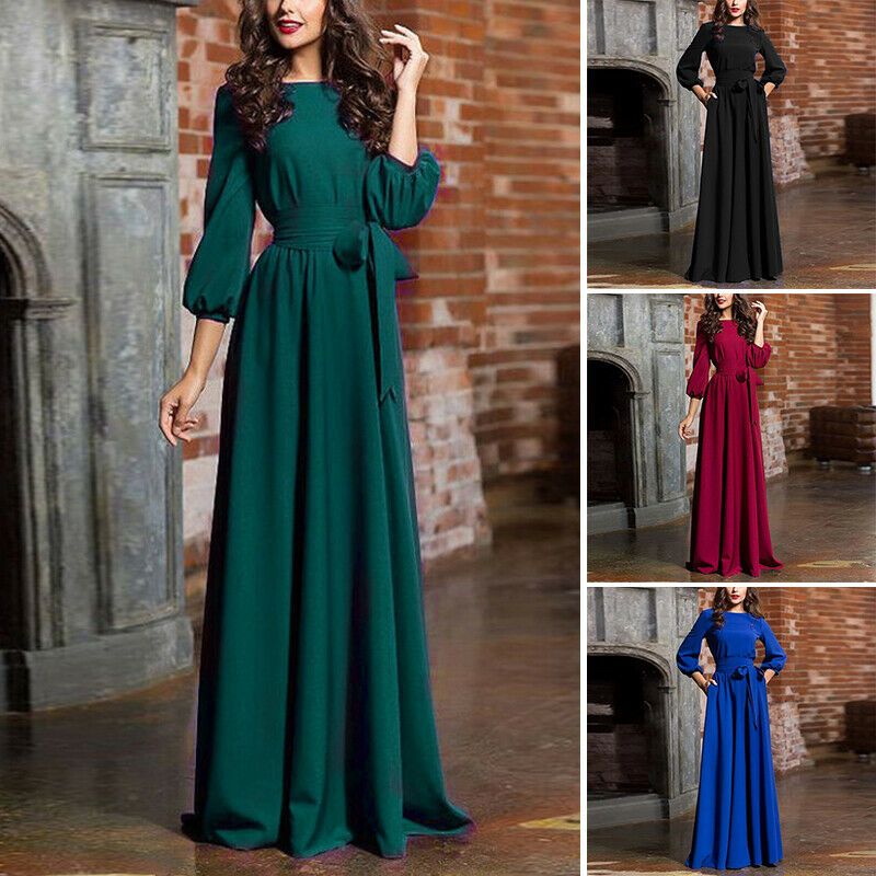 Poliéster Vestido Largo Mujer Elegante Cuello Redondo Noche Talla Grande Nuevo ...