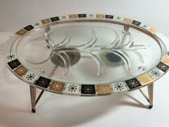 Midcentury Modern Mcm Oval Glass Starburst Warming Tray With Stand Glass Platters Gold Starburst Midcentury Modern