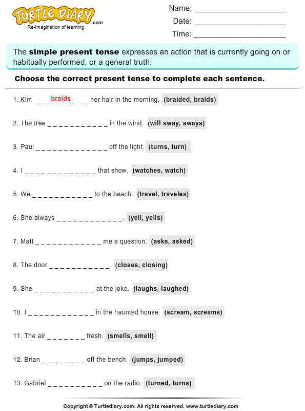 Download And Print Turtle Diary s Choose The Correct Present Tense To Complete The Sentence