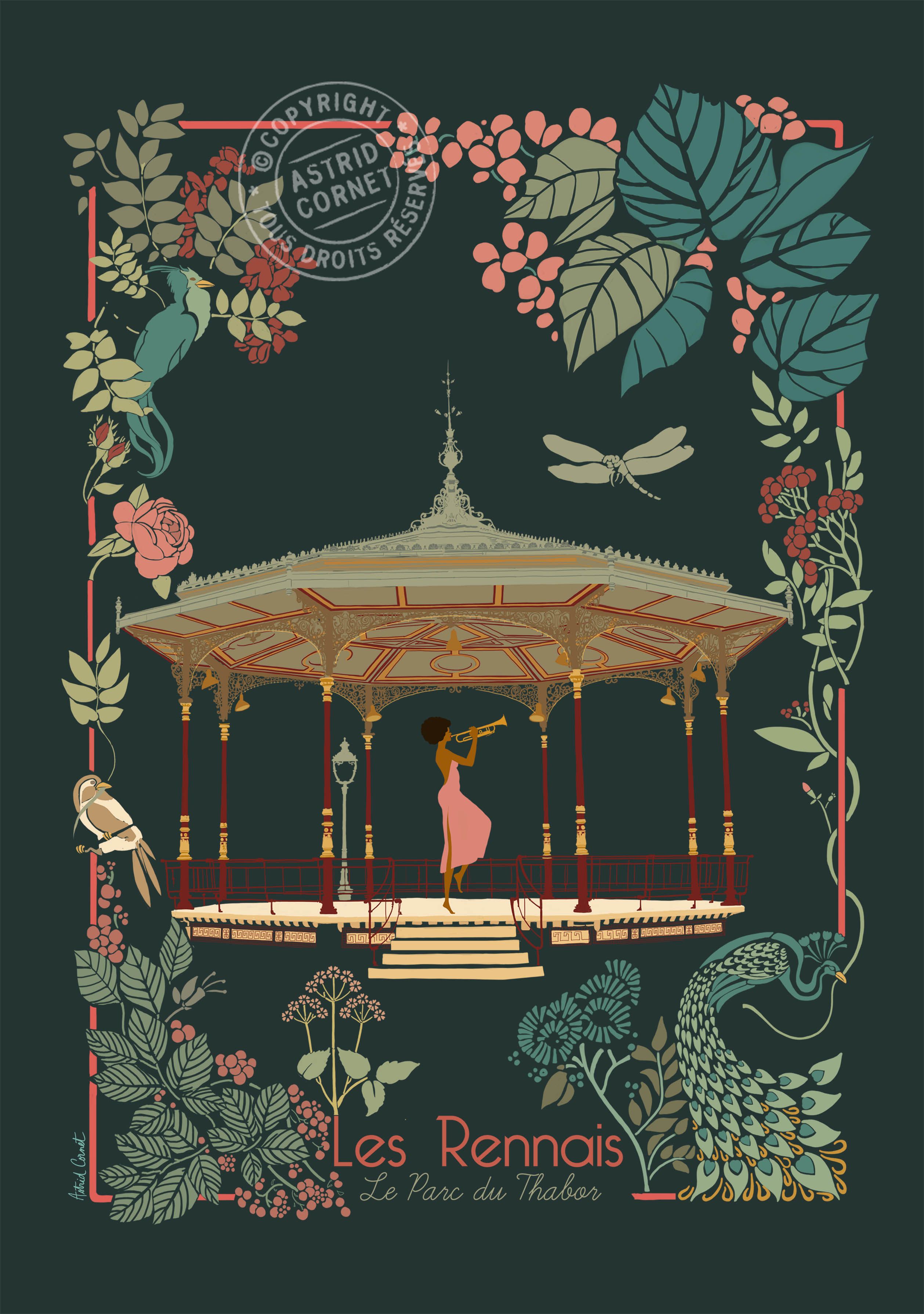 Je suis une illustratrice rennaise et j'ai créé 3 visuels représentant les lieux de ma ville que je préfère. Ici, Le parc du Thabor. Les deux autres visuels sont disponibles sur ma boutique et peuvent constituer un triptyque intéressant. Ces dessins ont été réalisés avec amour ! #rennes #rennesmaville #thabor #parcduthabor #deco #affiche #artnouveau #musique #trompette #kioske #vintage Art Nouveau, Art Deco, Retro Illustration, Digital Illustration, Illustrations, Postcard Format, Inspiration Art, Olin, City Art