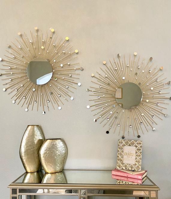 2 Glamorous Sunburst Mirror Set 29 Starburst Gold Wall Decor Gold Sunburst Mirror Wall Decor, Sun Mirror Wall Decor Set