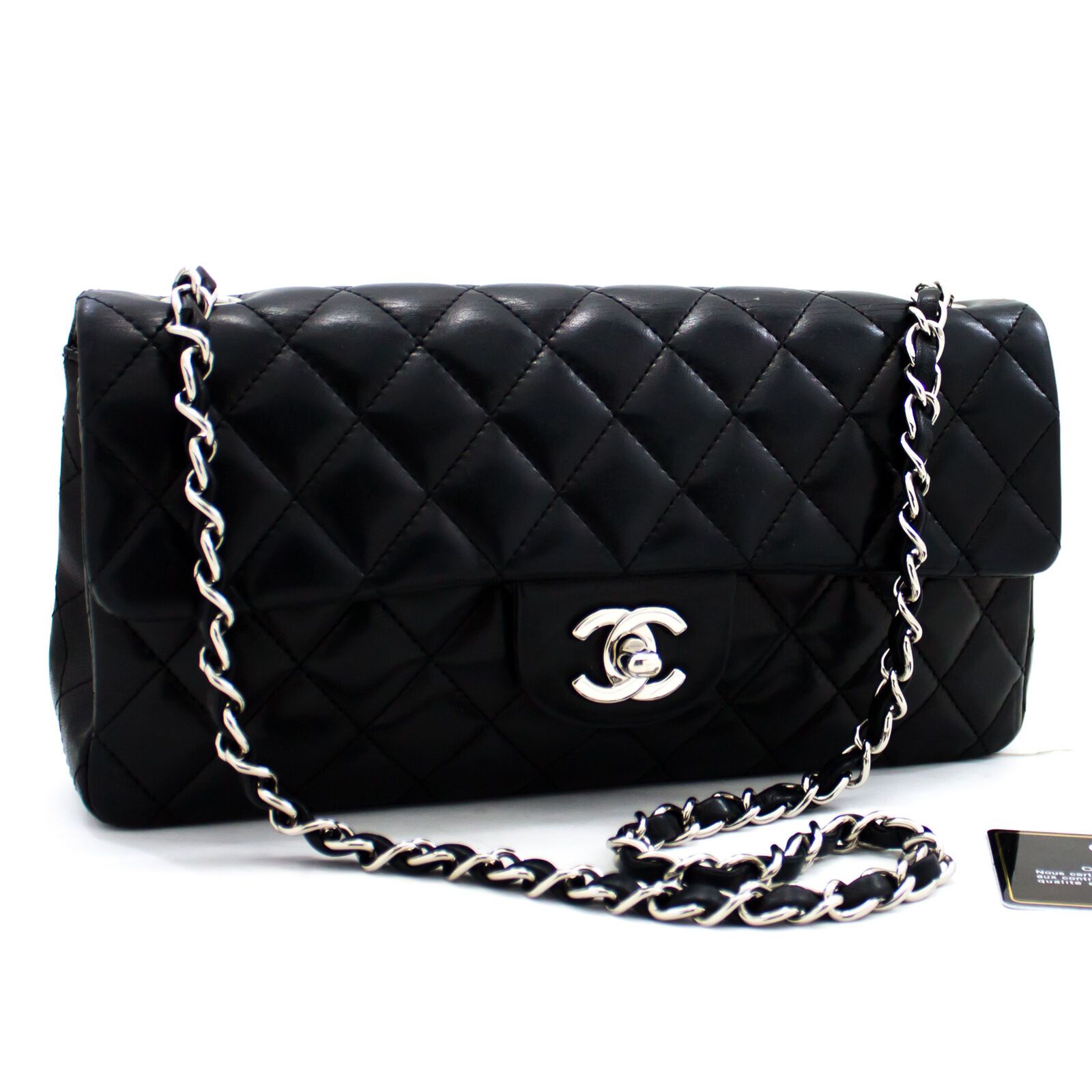 CHANEL Silver Hw Single Flap Chain Shoulder Bag Black Quilted Lam y34
