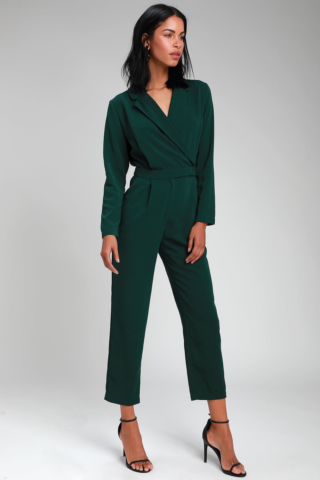 Power Pose Dark Green Long Sleeve Collared Jumpsuit Jumpsuit with