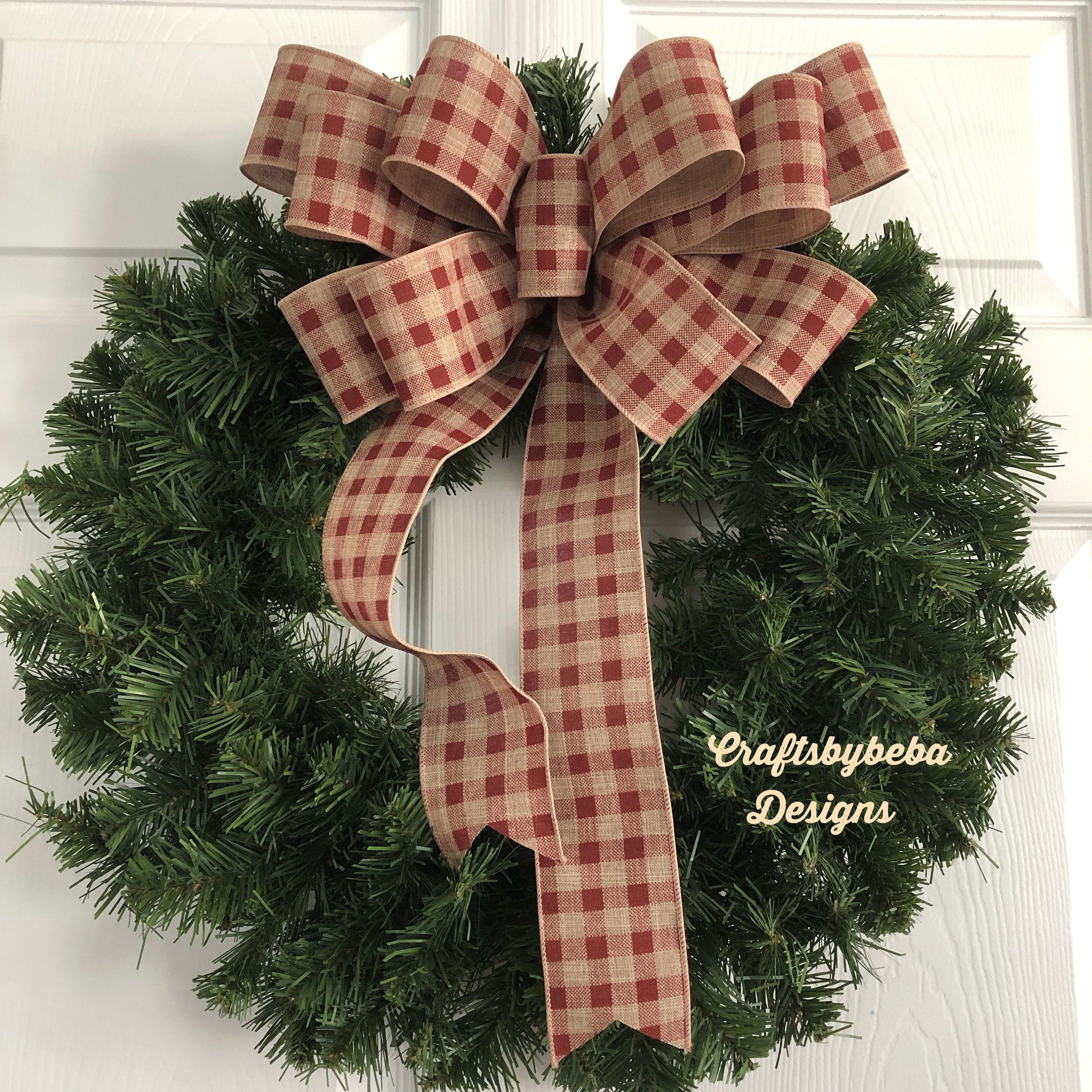 10/" WIDE RED /& BLACK GINGHAM PLAID BOW W//GOLD DEER PATTERN~WREATHS~TREE TOPPER