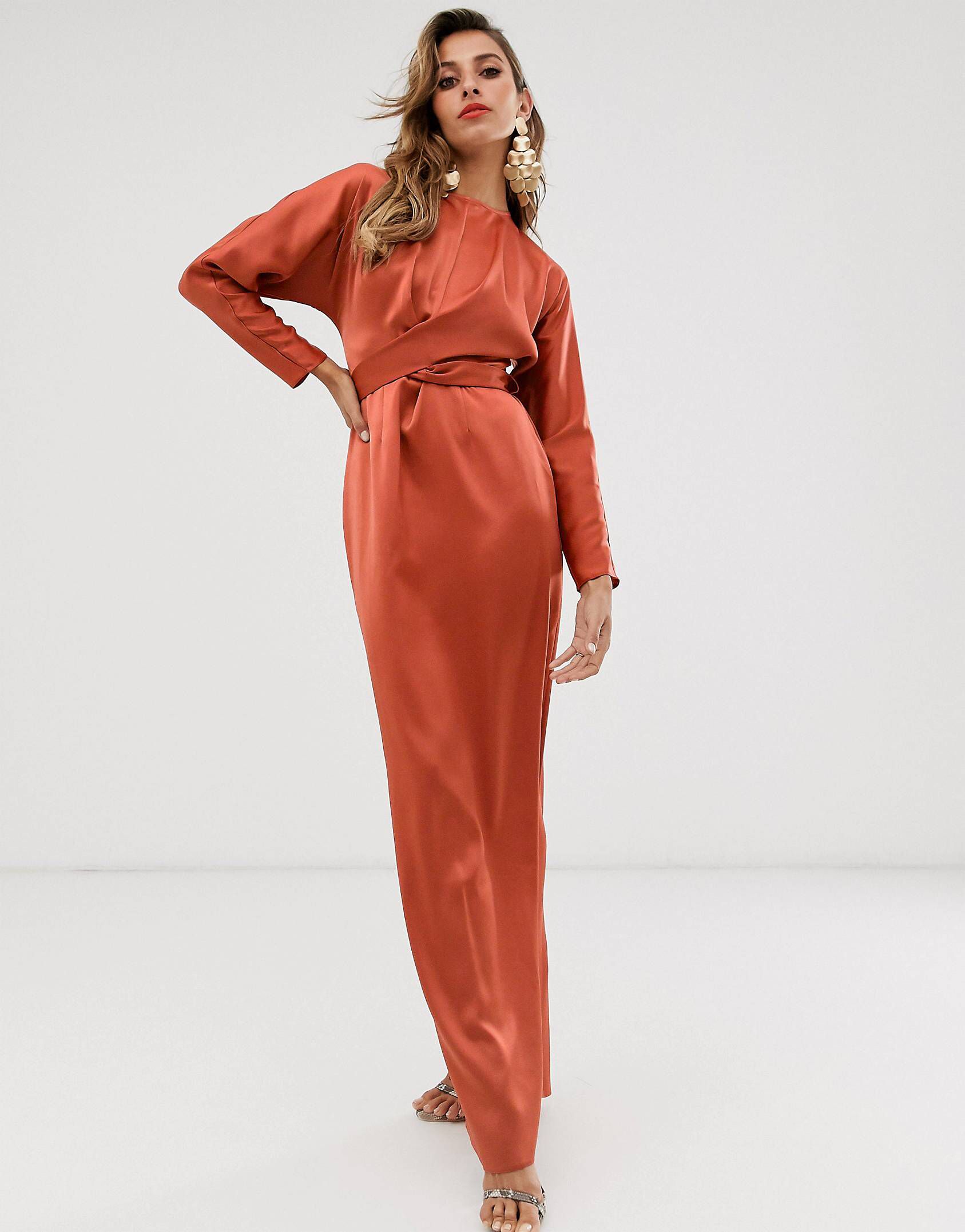ASOS DESIGN maxi dress with batwing sleeve and wrap waist in satin | ASOS