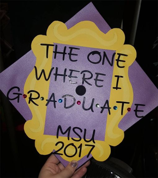 Use your grad cap to reference your all-time favorite TV show. This Friends TV show cap is decorated with wit and style. Teacher Graduation Cap, Funny Graduation Caps, Graduation Cap Designs, Graduation Cap Decoration, Graduation Ideas, Decorated Graduation Caps, Funny Grad Cap Ideas, Graduation Hats, Graduation 2015
