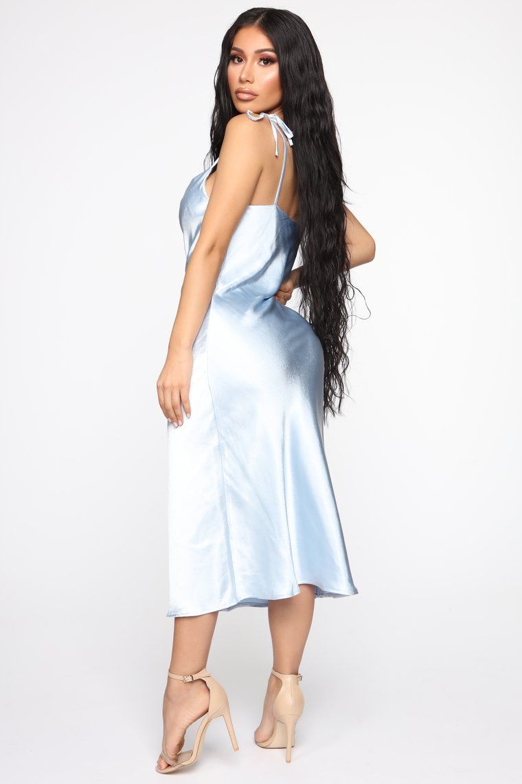 Follow me satin slip midi dress light blue satin slip