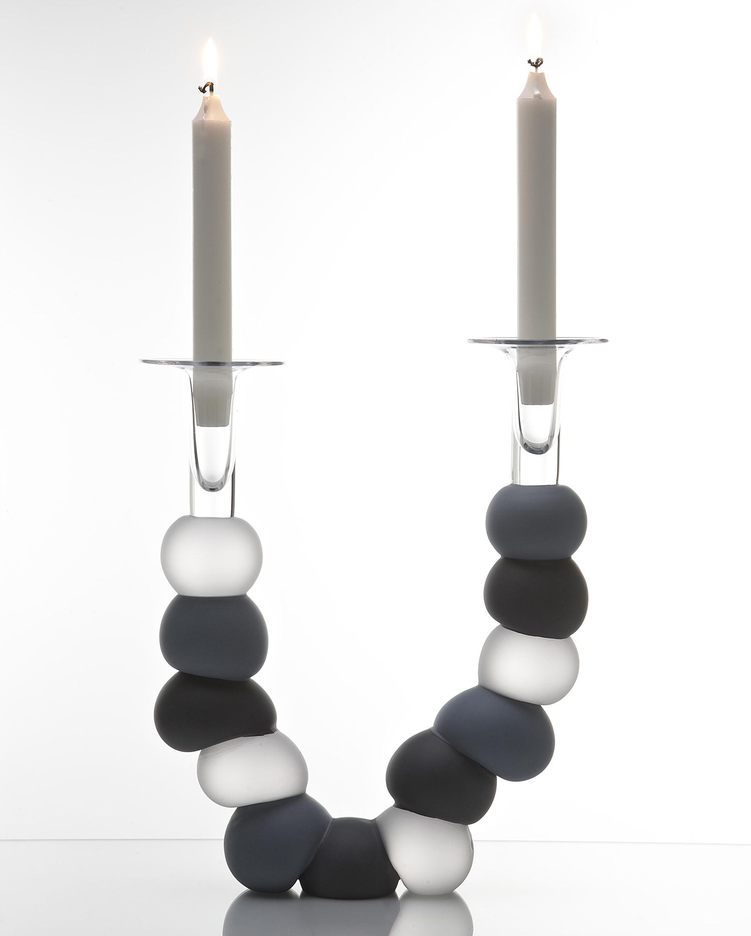 Large beautiful mouthblown unique candlestick with two arms. Designed by Pernille Bülow and handmade at our own workshop in Svaneke, Bornholm. Candle Sconces, Taper Candle, Candlesticks, Black And Grey, Workshop, Wall Lights, Glass, Unique, Handmade