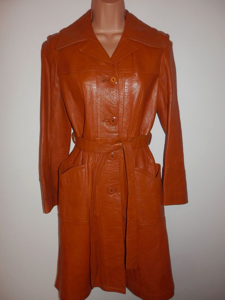 Vintage County Orange Leather Trench Coat 8 10 Excellent Condition England 70s Clothes Leather Trench Coat Clothes, Vintage Orange Leather Trench Coat