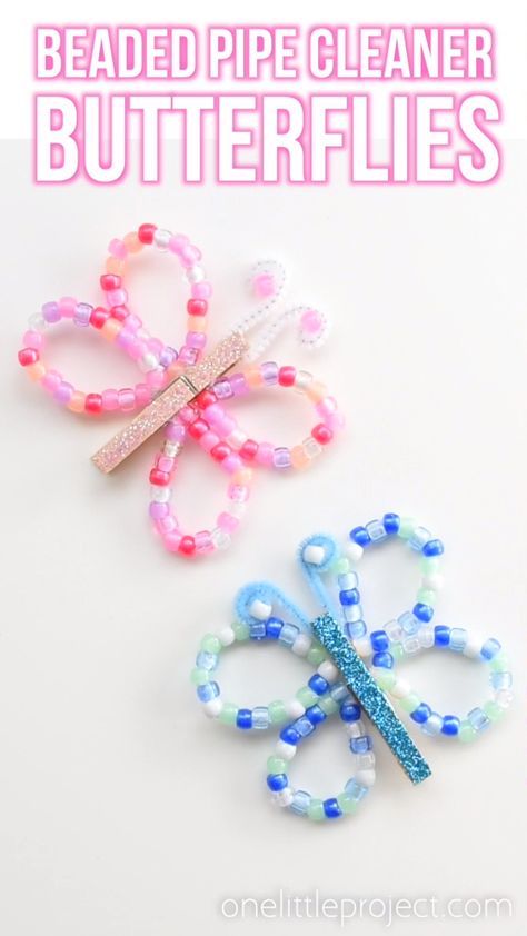 These beaded pipe cleaner butterflies are SO PRETTY and they're really easy to make! This is a great kids craft for spring or summer! Using pipe cleaners, pony beads and clothespins you can make beautiful butterflies in different colours! And best of all, the kids can play with them when they're done! Diy Crafts For Girls, Spring Crafts For Kids, Fun Diy Crafts, Diy For Kids, Craft Ideas For Girls, Cheap Kids Crafts, Crafts Hacks, Clothespin Crafts Kids, Creative Ideas For Kids
