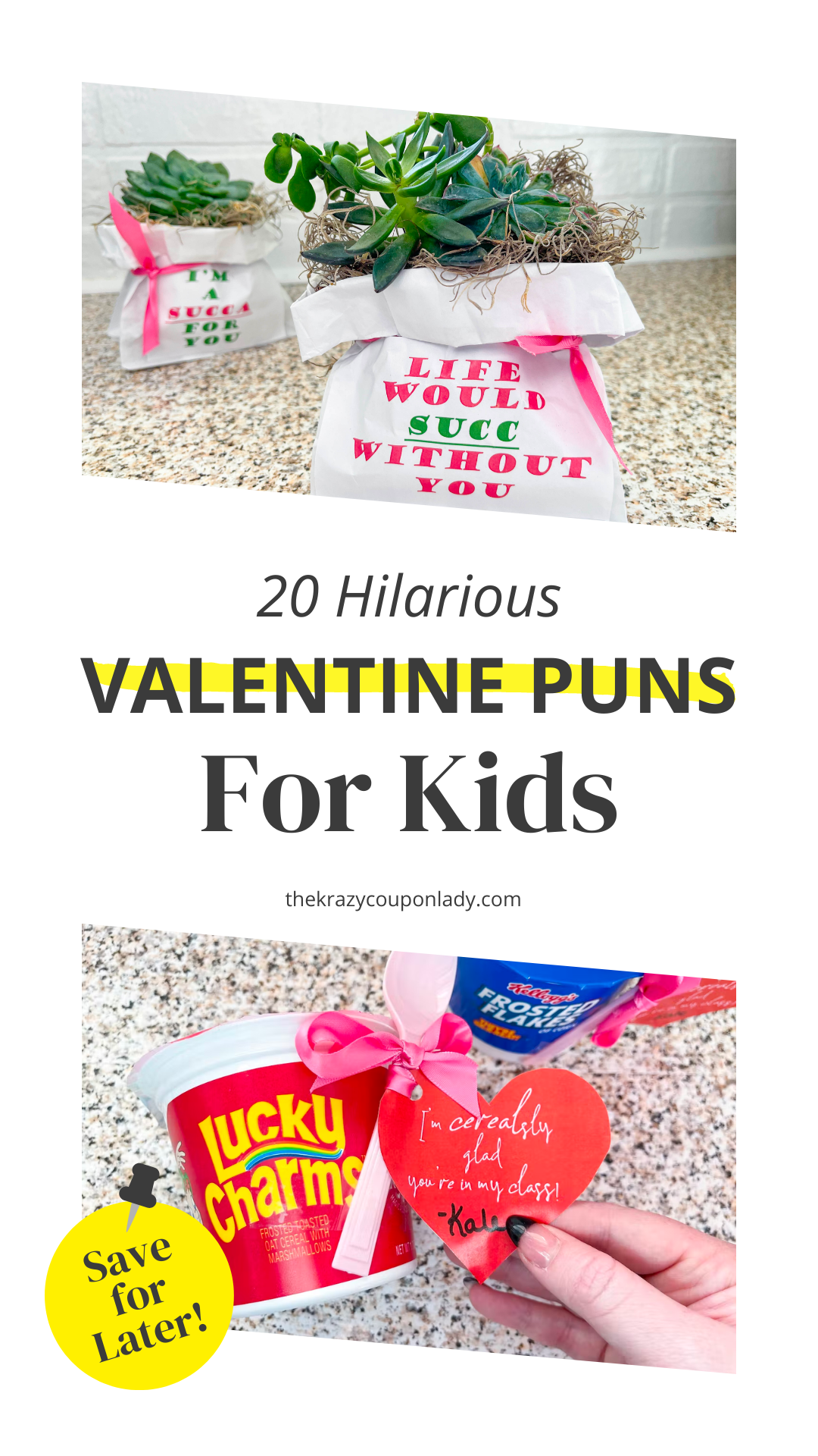 Looking for funny Valentines cards that are also DIY Valentine's cards? DIY Valentine's Day craft idea for kids that they can make for their classmates at school? We've got the funny Valentine's Day cards that are easy to make and even found some great free Valentine's printables for you! The best Valentines are punny! Make your own funny DIY Valentine's Day cards using these genius Valentine's Day puns to get started, rounded up by The Krazy Coupon Lady.