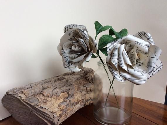 Two handmade Vintage sheet music paper Roses with crepe paper leaves - Wedding Decoration Flowers- L #crepepaperroses