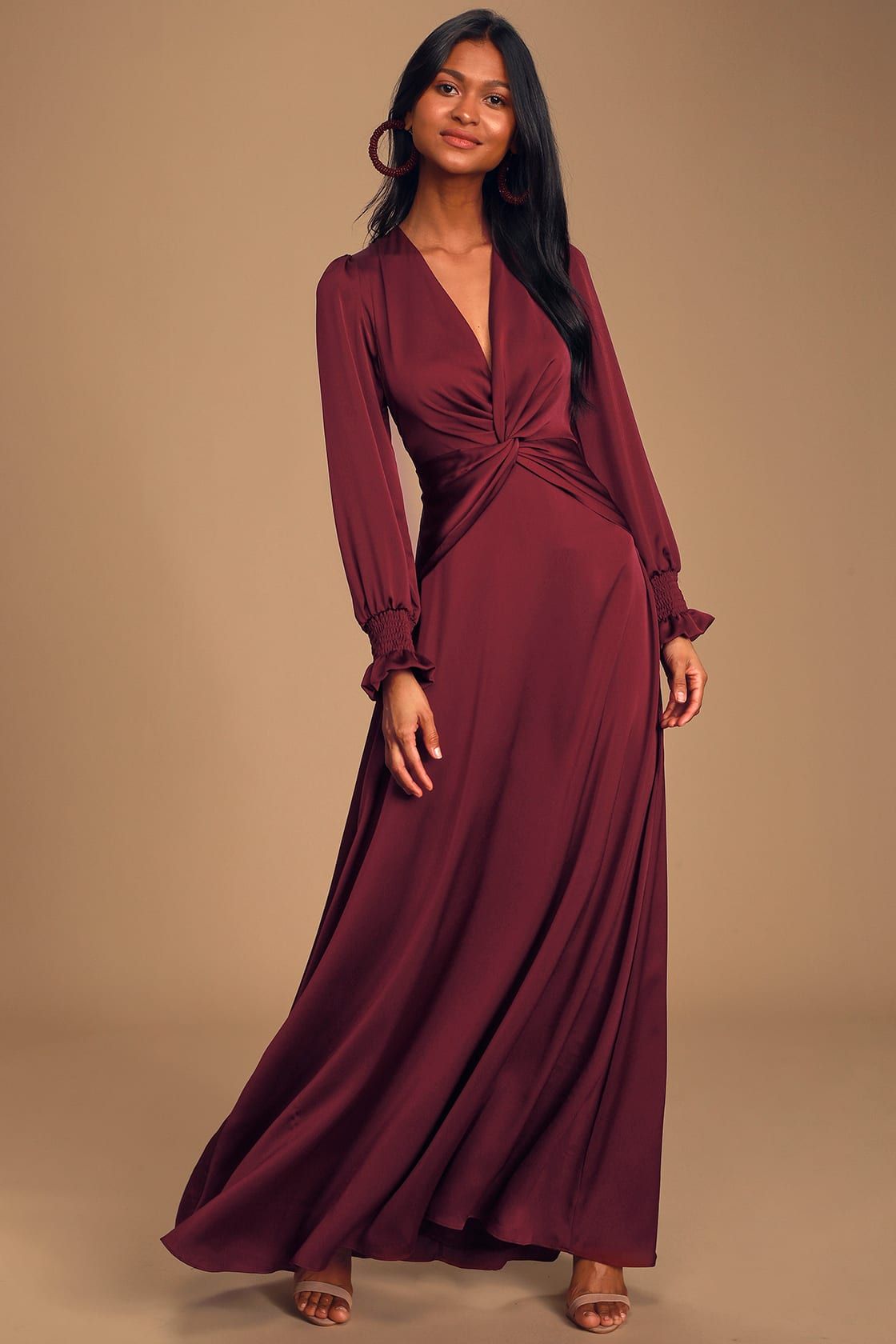 Twist Your Words Burgundy Long Sleeve Twist-Front Maxi Dress | Maroon ...