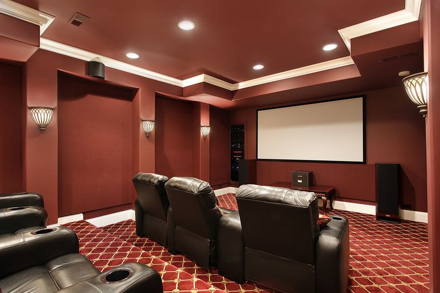 90 Home Theater Media Room Ideas Photos Unlimited Living Ruby Red Designed Home Theater With Stadium Seating And Brown Leather Plush Seats