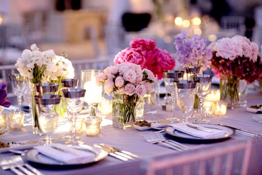 A Beautiful Centerpiece Of Pink Majolica Roses Sweet Pea And A Beautiful Centerpiece Of Pink Majolica Roses Sweet Pea And Hydrangea Identified The Head Table