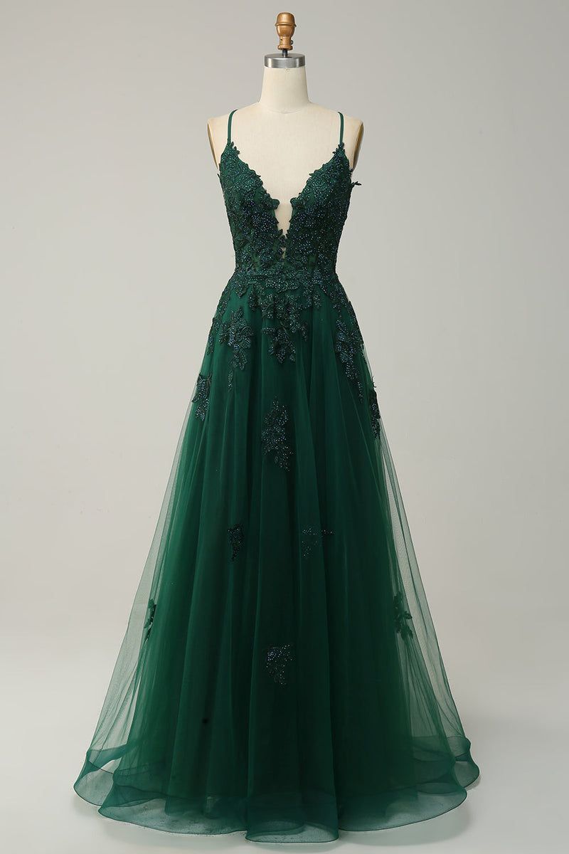 ALinie Spaghettiträger Dunkelgrünes langes Ballkleid mit Schnürung in 2023 Green formal