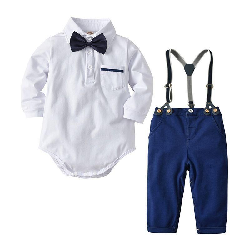 Toddler Boys Cotton Bow-tie White Shirts And Navy Blue Pants With