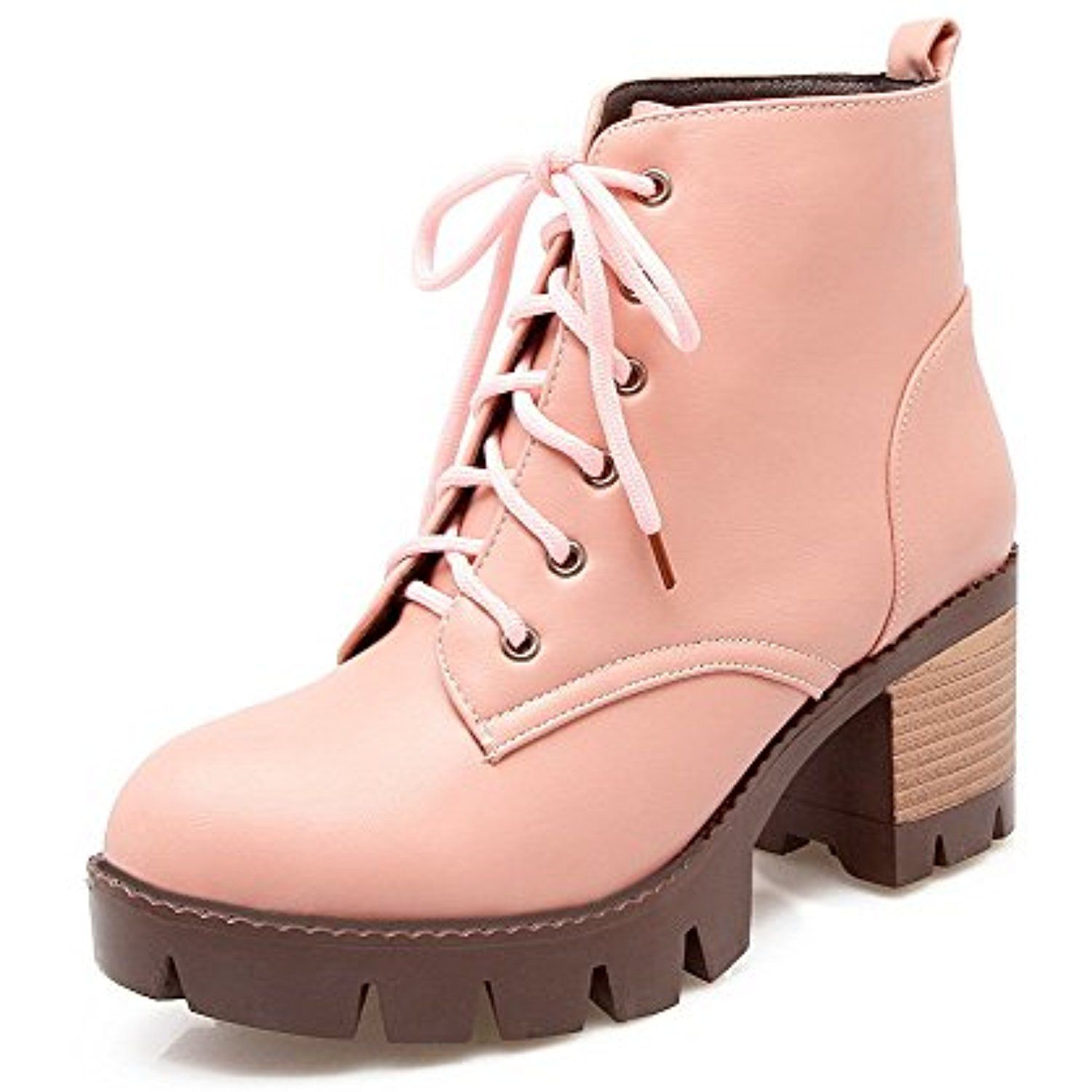 Women's Solid Kitten-Heels Closed Round Toe PU Lace-Up Boots Women's Solid Kitten-Heels Closed Round Toe PU Lace-Up Boots