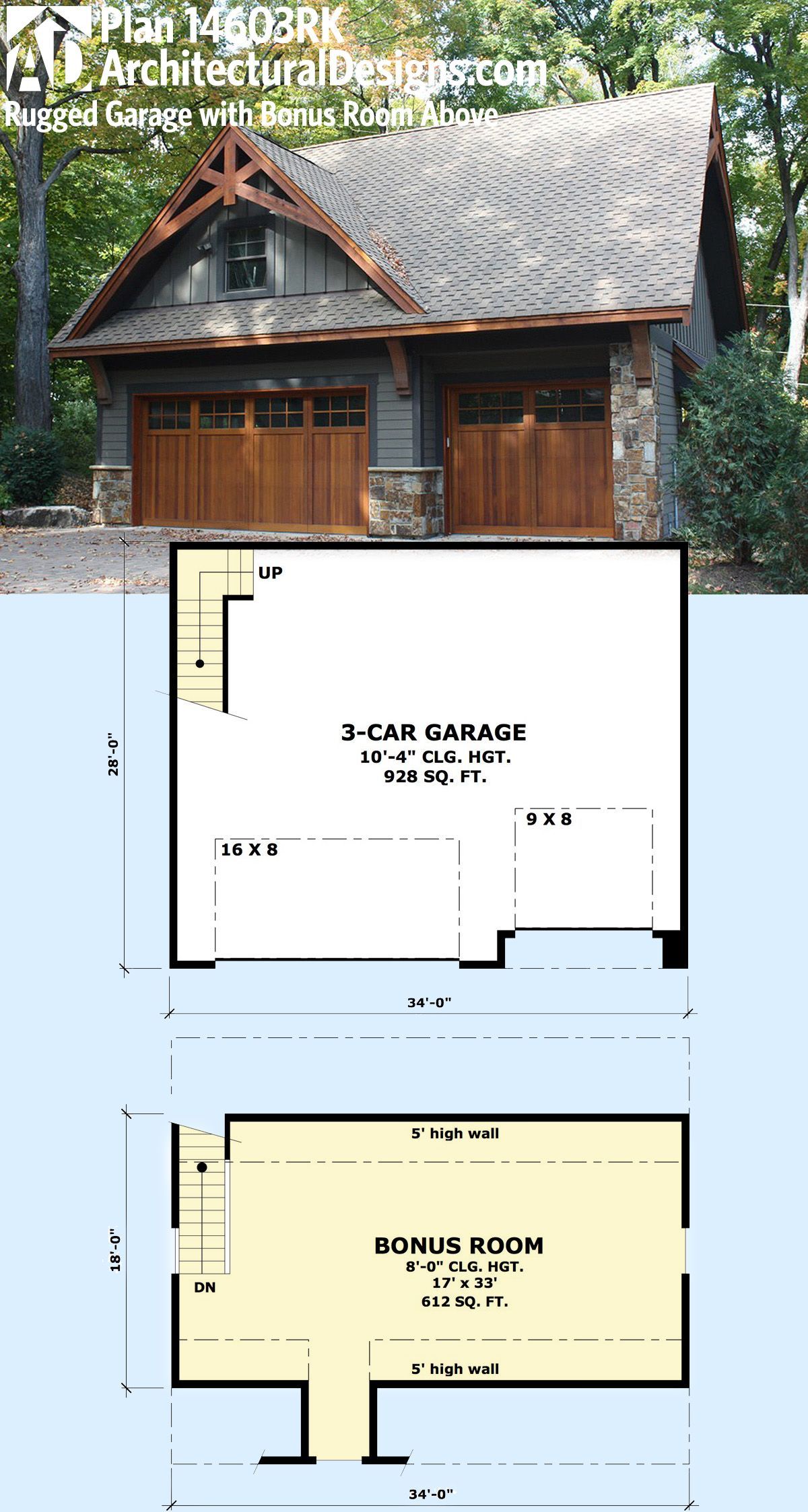 Plan 14630RK: Rugged Garage with Bonus Room Above #garageplans